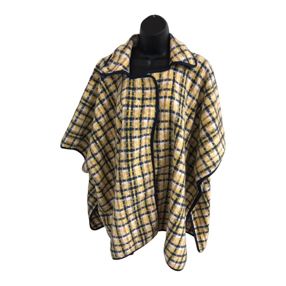Andrew Marc New York yellow navy gingham tartan plaid poncho OS new - Picture 14 of 15